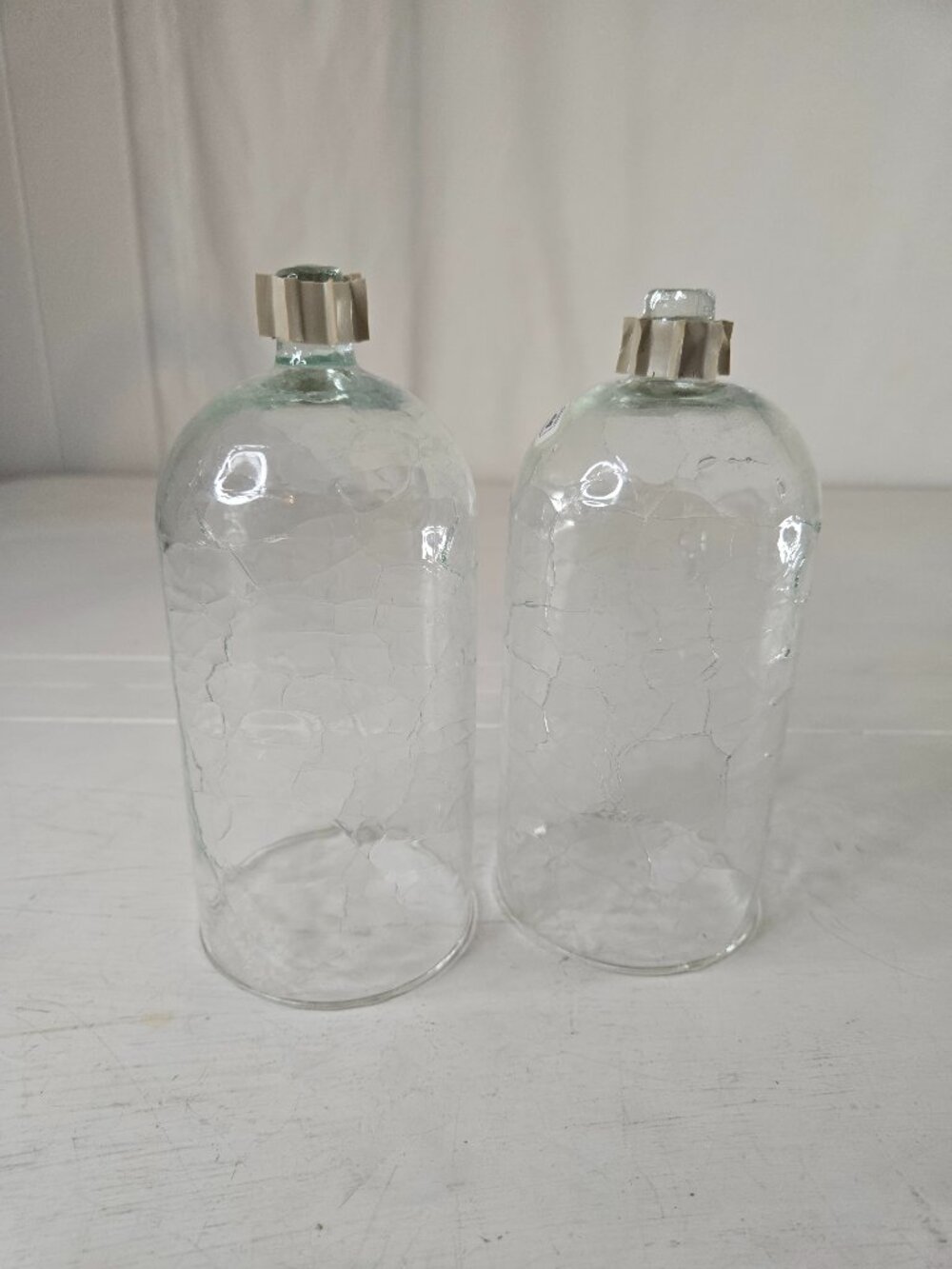Vintage Hurricane Peg Shades 6 inch Set of 2 Glass Crackle Unused